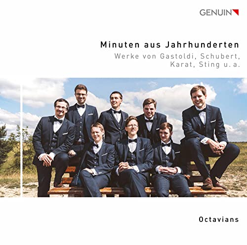 CD cover featuring eight formally dressed men posing outdoors.
