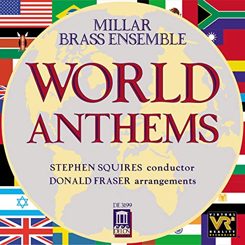 CD cover for “World Anthems” by Millar Brass Ensemble, flags around text.