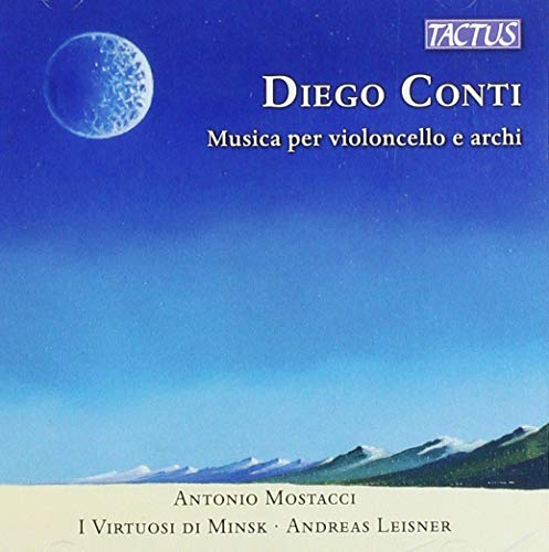 "CD cover with serene mountain landscape, moon, and text featuring 'Diego Conti' and 'Tactus' logo."
