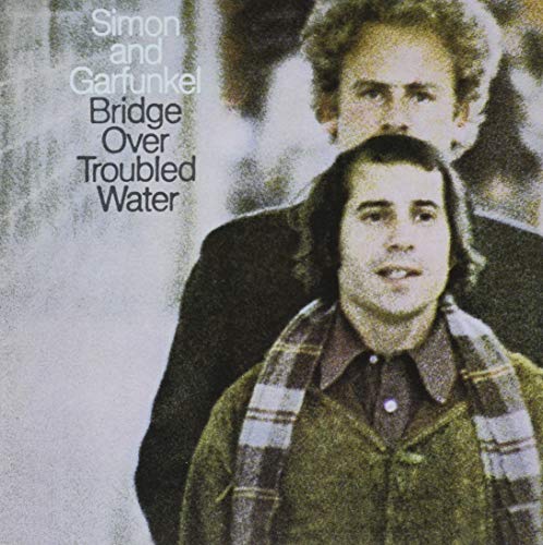 Album cover for Simon & Garfunkel’s “Bridge Over Troubled Water” featuring two men.
