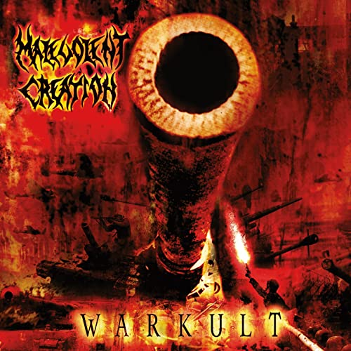 Album cover for Malevolent Creation’s “Warkult” featuring a fiery, war-torn scene.