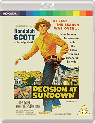 Blu-ray cover for "Decision At Sundown" featuring Randolph Scott in a cowboy hat.