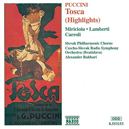 CD cover for Puccini’s “Tosca” with dramatic art and text.