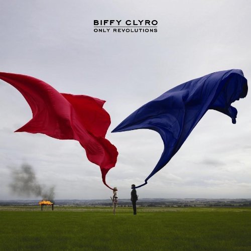 "CD cover art: two people flying red and blue kites in a field."