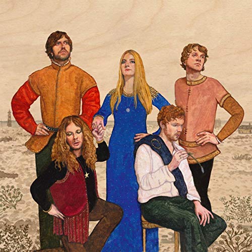 The image depicts a medieval-style illustration of five people in various poses. Alt text: "Vinyl album cover featuring medieval-style illustration of five people."