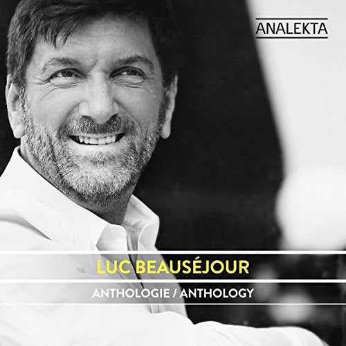 Black and white photo of a smiling man with text overlay on a music album cover.