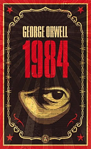 "Book cover of '1984' by George Orwell with stylized eye and red stars."