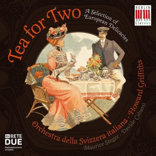 "CD cover featuring a man and woman having tea, ornate brown background."