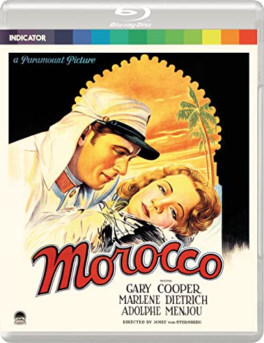Blu-ray cover for the 1930 film *Morocco*, featuring Gary Cooper and Marlene Dietrich.