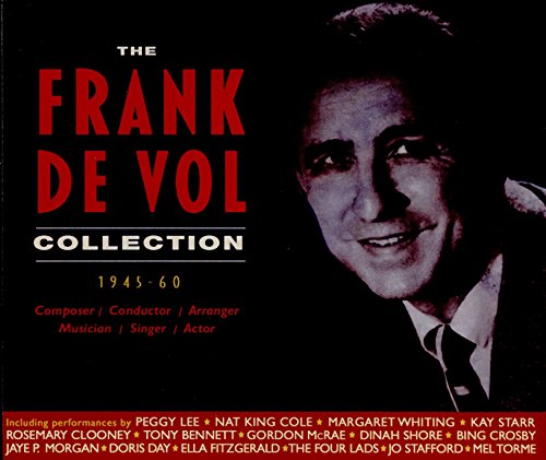 "CD cover featuring black and white portrait of Frank De Vol against a blue background."