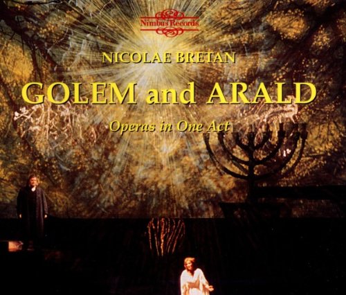 Album cover with opera scene, menorah, and bright light, titled "Golem and Arald".
