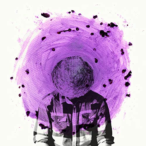 Purple abstract portrait of a person with a berry pattern.