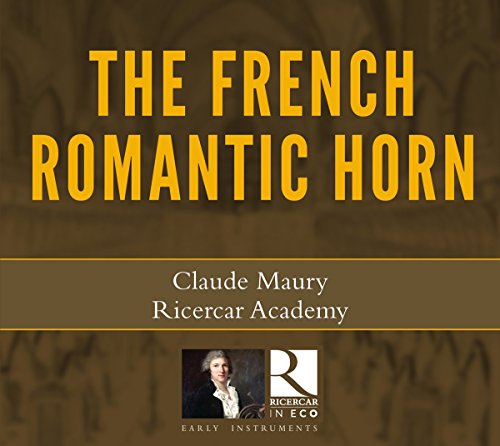 "CD cover with 'The French Romantic Horn' title, brown background, and artist information."