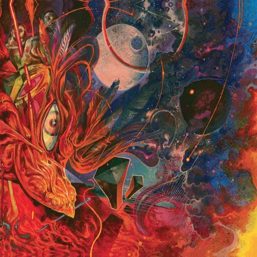 Surreal album cover with fiery reds, blues, a large eye, and celestial shapes.