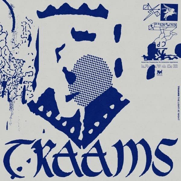 Vinyl record cover for Traams’ “personal best” with abstract blue and white design.