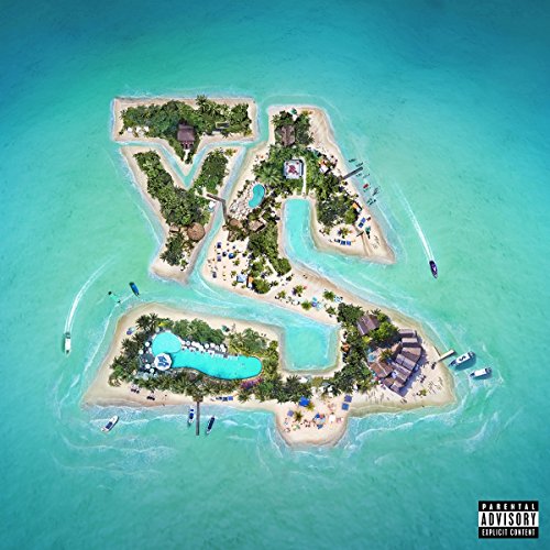 "CD cover art: Island shaped like '$' with beach and turquoise water, parental advisory label."
