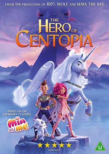 DVD cover for "Mia And Me: The Hero Of Centopia" featuring characters and a unicorn.