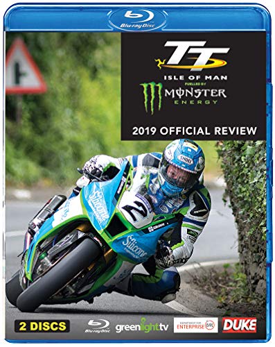 Blu-ray cover for 2019 Isle of Man TT race review, motorcycle rider.
