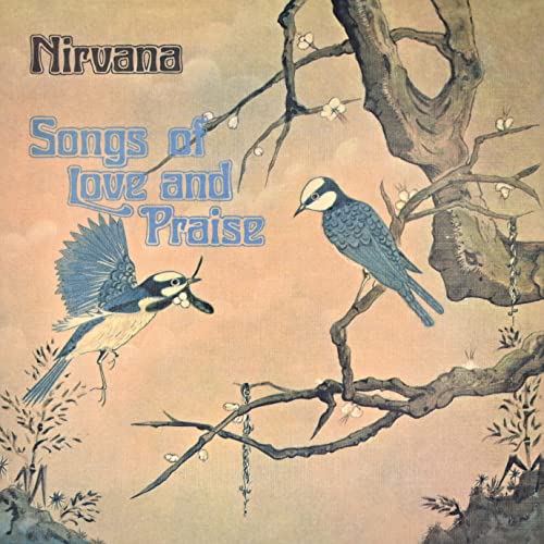 Nirvana album cover with blue birds on branches, vintage style.