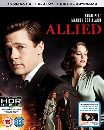 Allied Blu-ray cover featuring Brad Pitt and Marion Cotillard in period attire.
