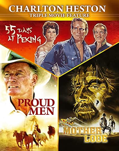 Charlton Heston movie posters for Mother Lode, 55 Days at Peking, and Proud Men.