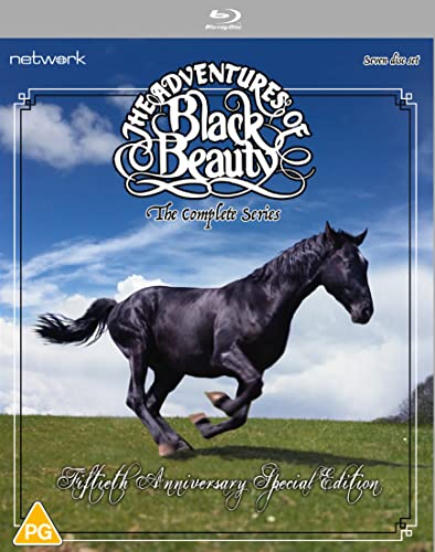 Black horse galloping across a green field, Blu-ray cover art.