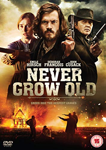 Never Grow Old" DVD cover featuring three people with firearms, a burning building.