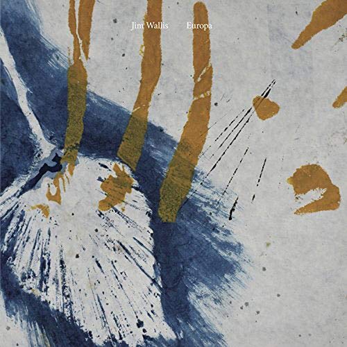 "Album cover with abstract blue and gold handprint on a grey background."