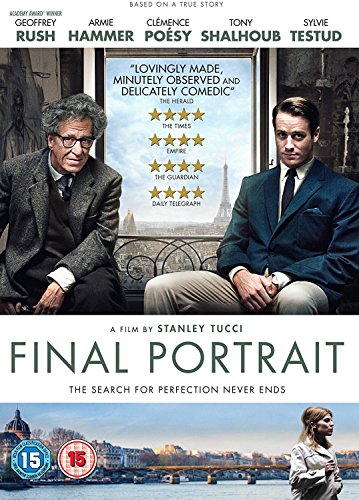 "Image of 'Final Portrait' DVD cover featuring two men and a cityscape."