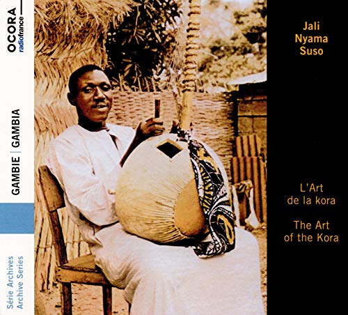 Man playing a large, gourd-based kora instrument outdoors in Gambia.