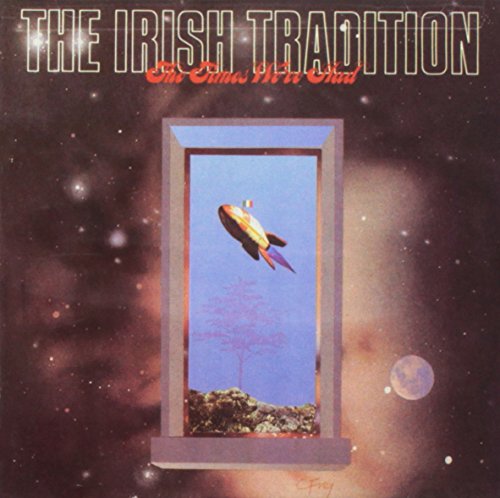 "Album cover with a window showing a spaceship flying over a rocky landscape."