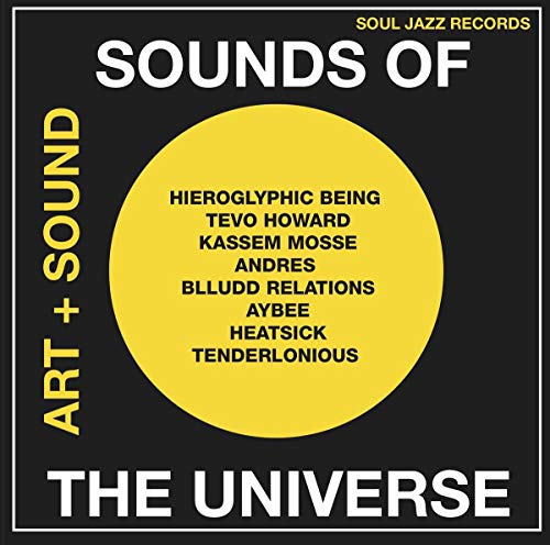 Black album cover with yellow circle listing artist names.