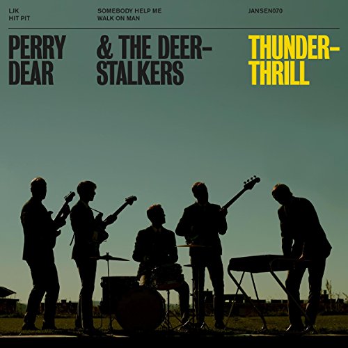 "Vinyl record cover featuring silhouettes of five musicians playing instruments in a field."