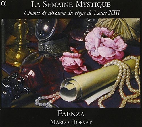 "CD cover with still life painting of perfume, flowers, and pearls on black background."