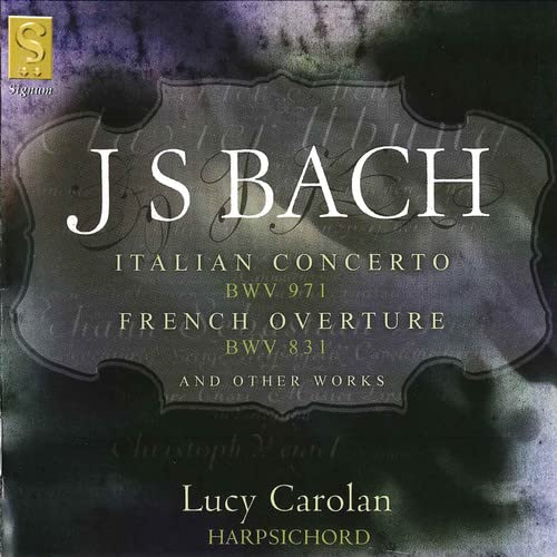 CD cover for Bach and Carolan harpsichord works, featuring ornate text.