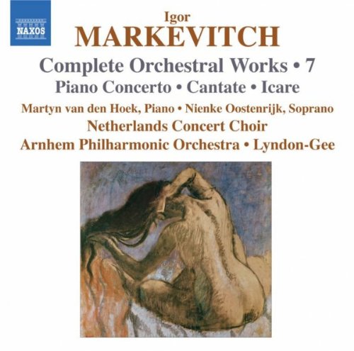 The image depicts a CD cover featuring a classical music album. Key elements of the image include: - A blue logo in the top-left corner - The title "Igor Markevitch" in large orange text - A subtitle listing the contents of the album - A sketch of a man falling from the sky - A white background Alt text: CD cover with classical music title and sketch of man falling.