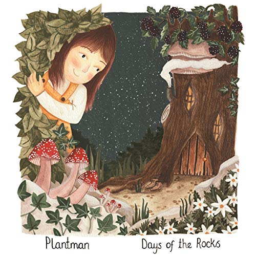 Illustration of a childlike figure emerging from foliage near a tree.