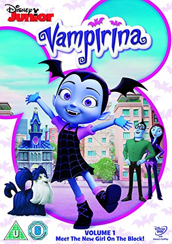 "Vampirina DVD cover featuring a cartoon vampire girl with bat wings and her family."
