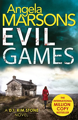 "Book cover with 'Evil Games' title, a woman in red walking towards a cottage."