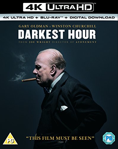 "Blu-ray case with Gary Oldman as Winston Churchill, smoking a cigar, on a dark background."