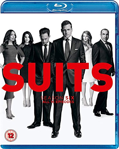 "Blu-ray case for Suits Season 6, featuring main characters in formal attire."