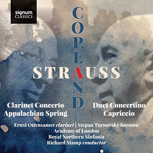 CD cover for Copland and Strauss classical music, featuring portraits.