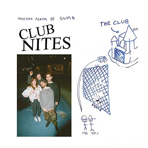 "Album cover with a photo of four people and hand-drawn illustrations on a white background."