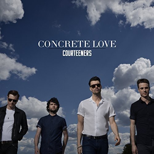 The alt text for the image is: "Album cover featuring four men standing against a cloudy blue sky."