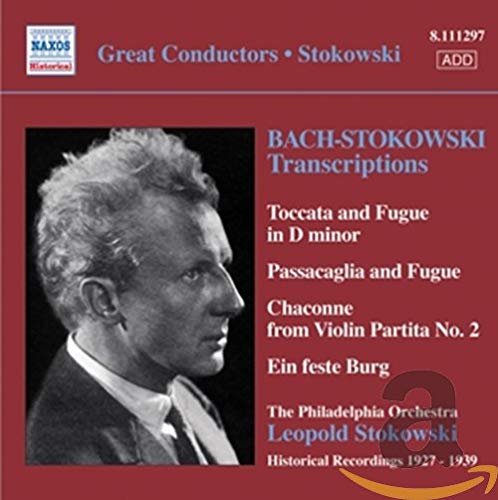 CD cover: Leopold Stokowski portrait with “Bach-Stokowski Transcriptions” text.