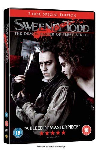 Sweeney Todd" DVD cover featuring Johnny Depp and Helena Bonham Carter.