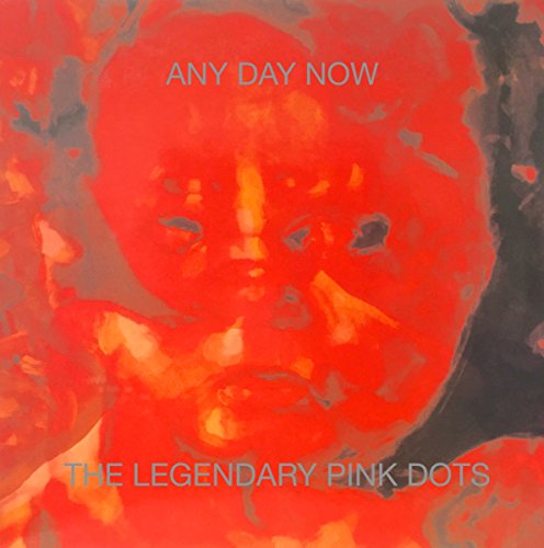 "Album cover with red abstract face and blue text 'Any Day Now' and 'The Legendary Pink Dots'."