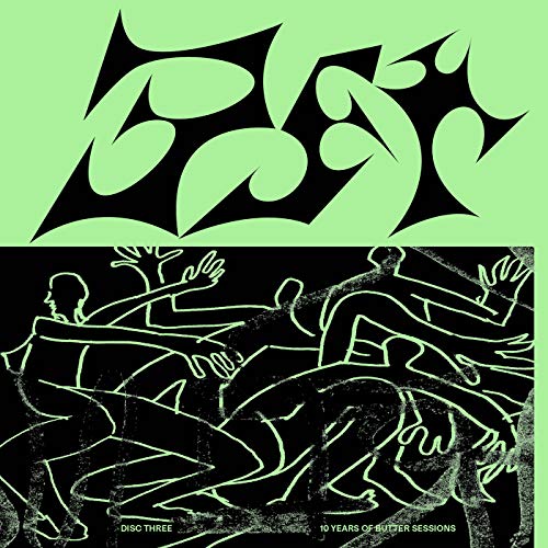 Vinyl cover with black abstract lettering on light green and stylized figures on black.