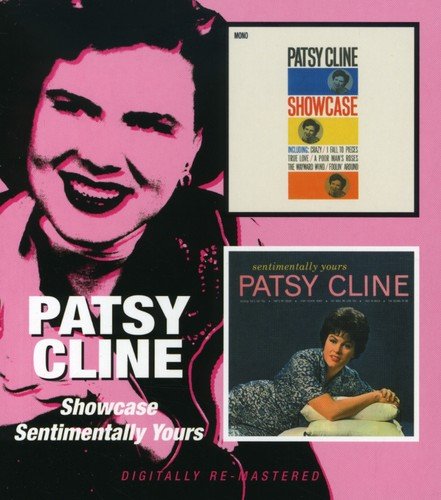 "Patsy Cline album cover with two inset album covers on pink background."