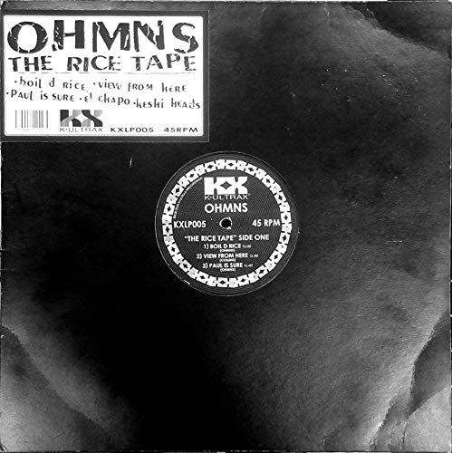 Black vinyl record with white text and label, featuring “Ohmns - The Rice Tape.”